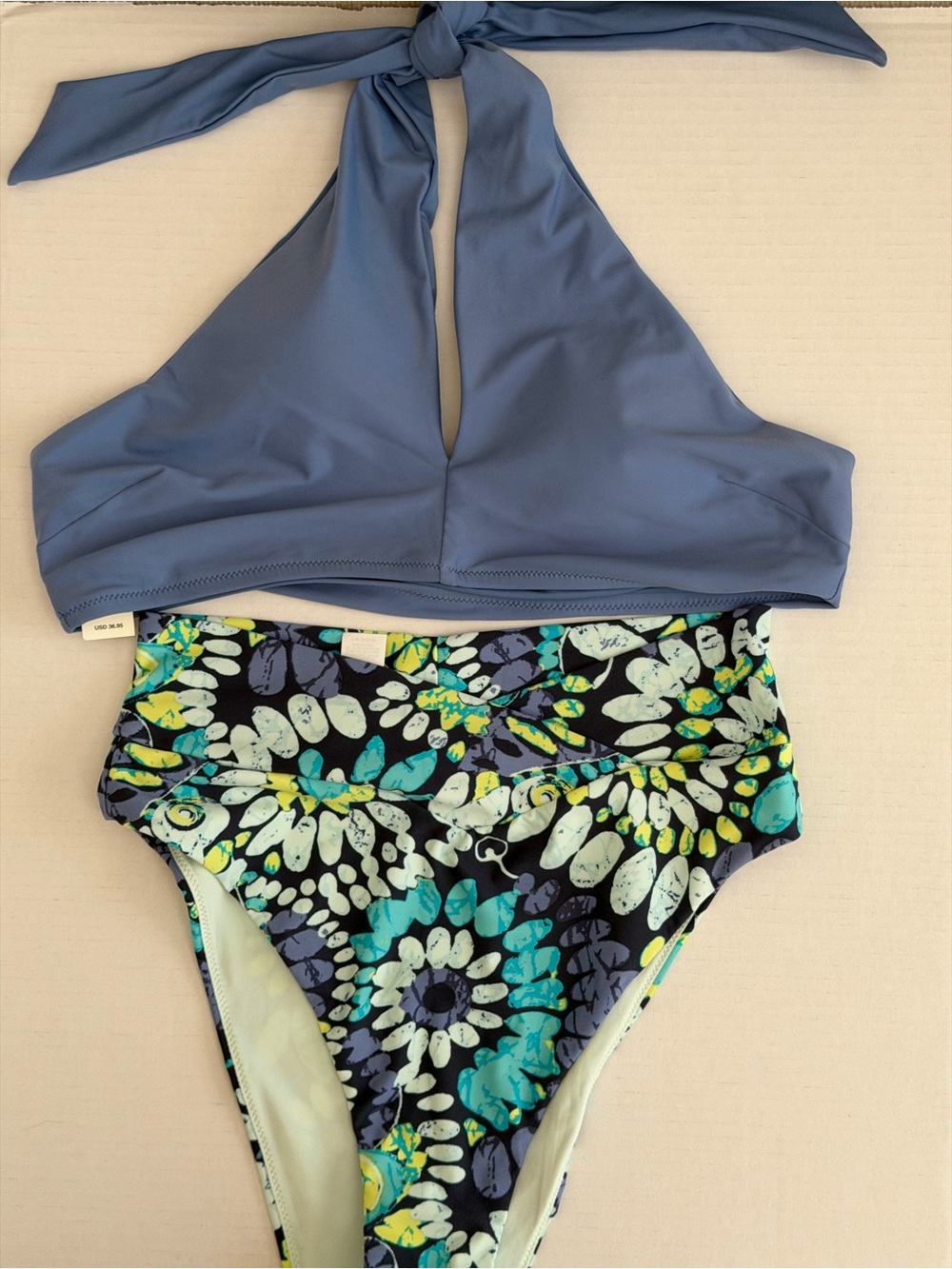 🌸🌸aerie Slate Blue Halter Top with Multicolor Floral High-Waist Bottoms